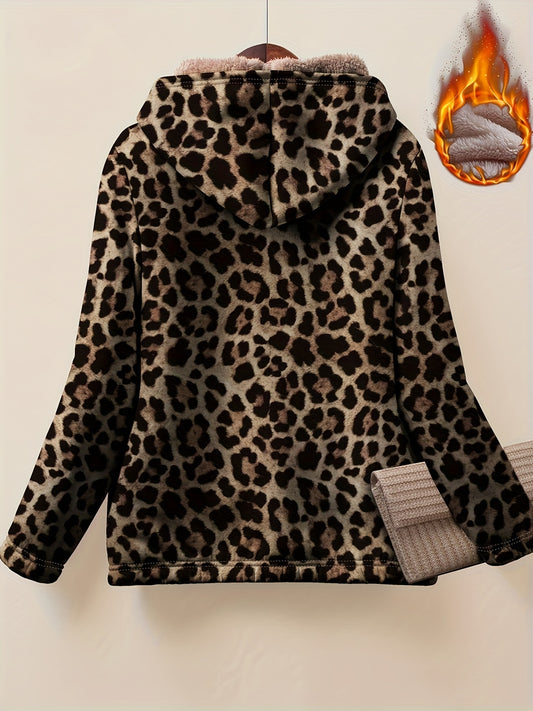 1pc Women'S Plus Size Casual Leopard Print Hooded Parka, Polyester Knit Fabric with Medium Stretch, Zippered Warm Comfortable Thick Jacket for Fall/Winter
