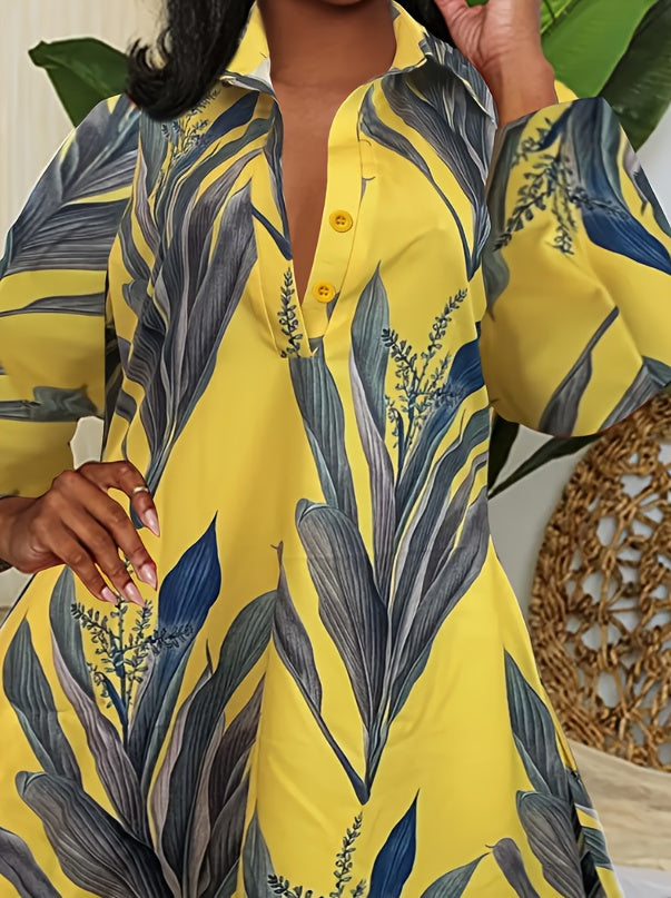Plant Print Button Front Dress, Casual Long Sleeve Midi Dress, Women's Clothing