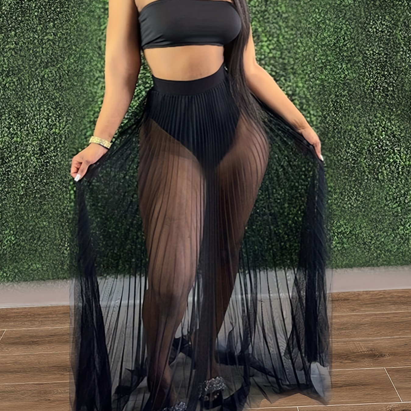 Chic Womens 3-Piece Swimsuit Set - Flattering Bandeau Bikini with Fishnet Cover-Up Maxi Dress & Party Skirt - Beach to Club Fashion Must-Have