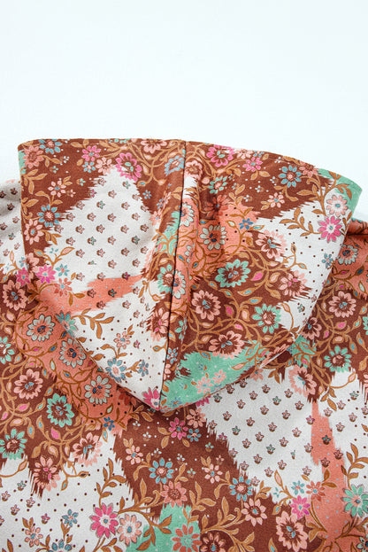 Khaki Vintage Floral Printed Sherpa Lined Hooded Jacket