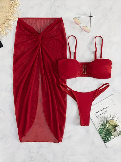 Solid Color 3 Piece Set Bikini, U-Wire High Cut With Cover Up Skirt Swimsuits, Women's Swimwear & Clothing