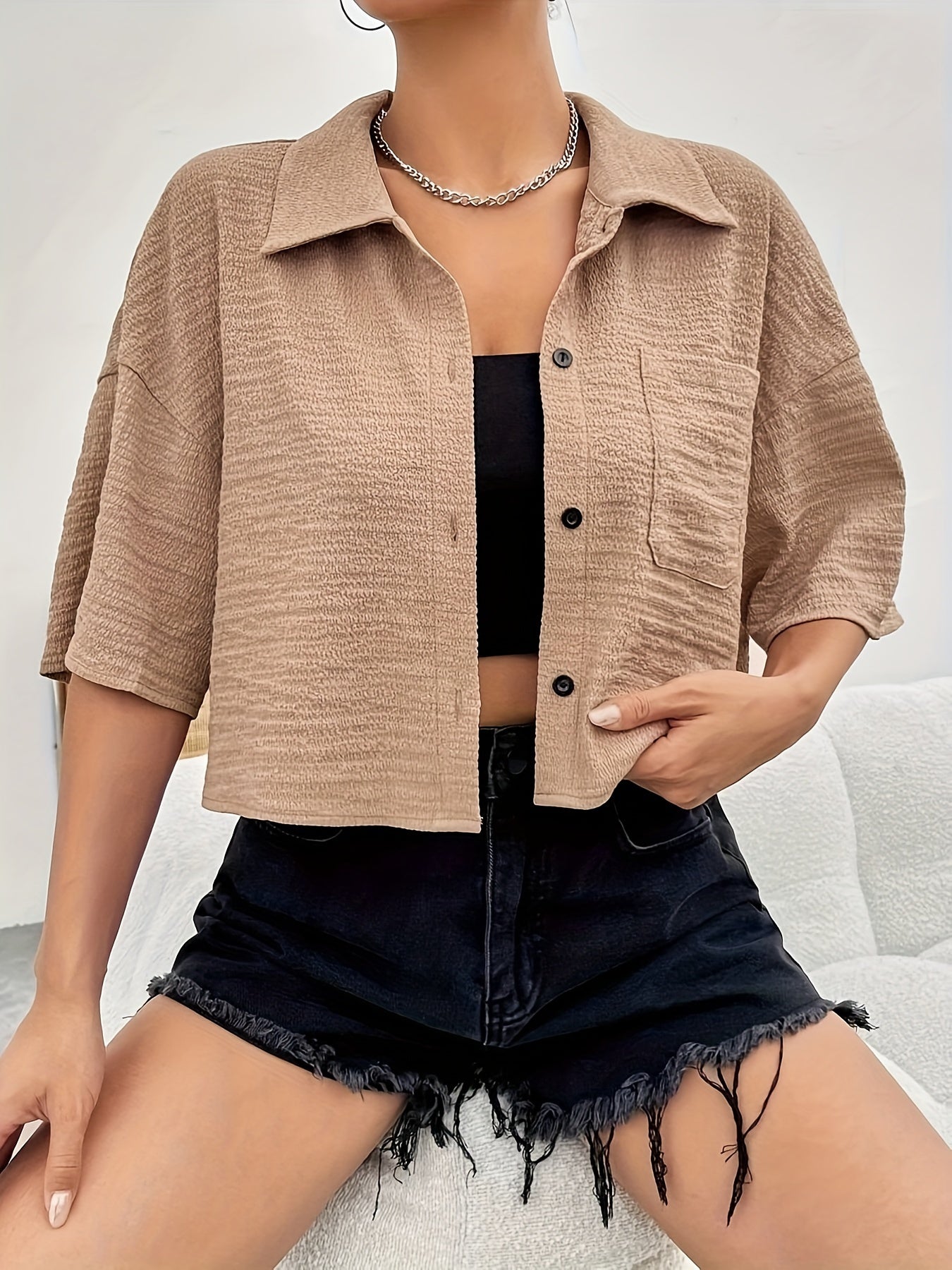 Button Front Crop Blouse, Casual Short Sleeve Blouse For Spring & Summer, Women's Clothing