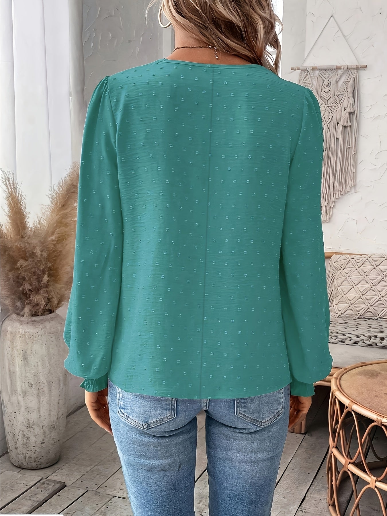 Stylish Plus Size Teal V-Neck Blouse with Lace Detailing - Lightweight Polyester Blend for Spring/Summer - Machine Washable Casual Shirt