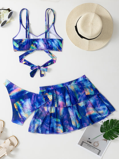 Women'S 3pcs Bikini Set with Skirt, Y0056, Polyester 82% Elastane 18%, Spaghetti Strap, Random Print, High Stretch Knit Fabric, Lace-Up Detail, Swimwear