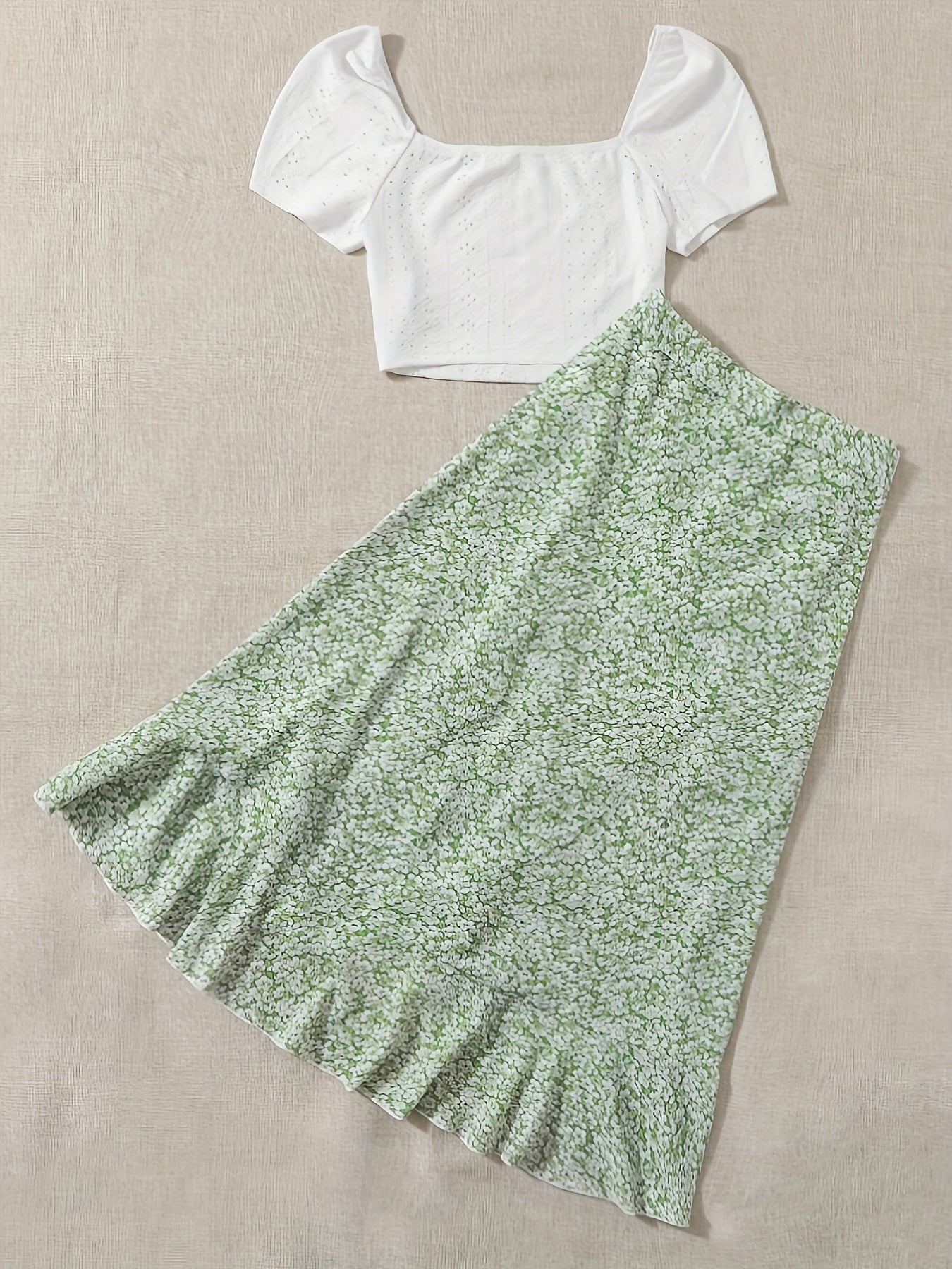 Vacation Ready - Chic Square Neck Crop Top & Adjustable Print Wrap Skirt Set - Flirty Short Sleeves, Womens Two-Piece Outfit