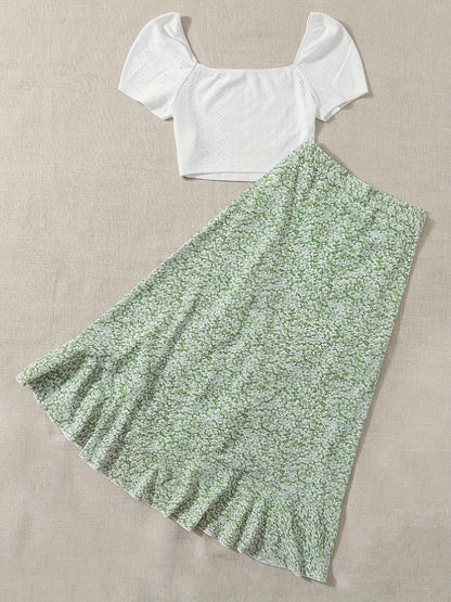 Vacation Ready - Chic Square Neck Crop Top & Adjustable Print Wrap Skirt Set - Flirty Short Sleeves, Womens Two-Piece Outfit