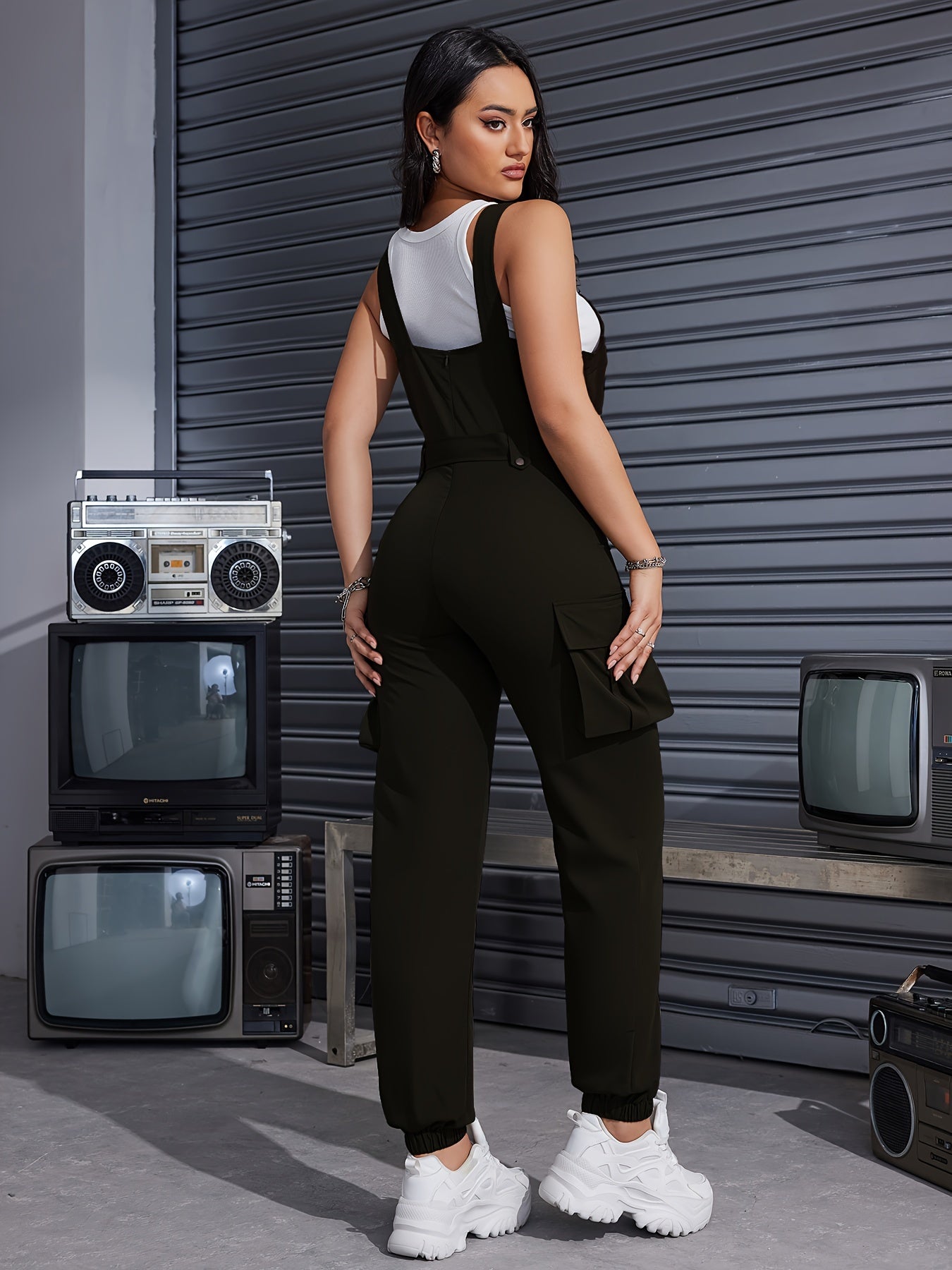 Solid Flap Pocket Belted Overall Jumpsuit, Casual Buckle Detail Loose Jumpsuit, Women's Clothing