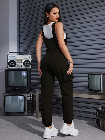 Solid Flap Pocket Belted Overall Jumpsuit, Casual Buckle Detail Loose Jumpsuit, Women's Clothing