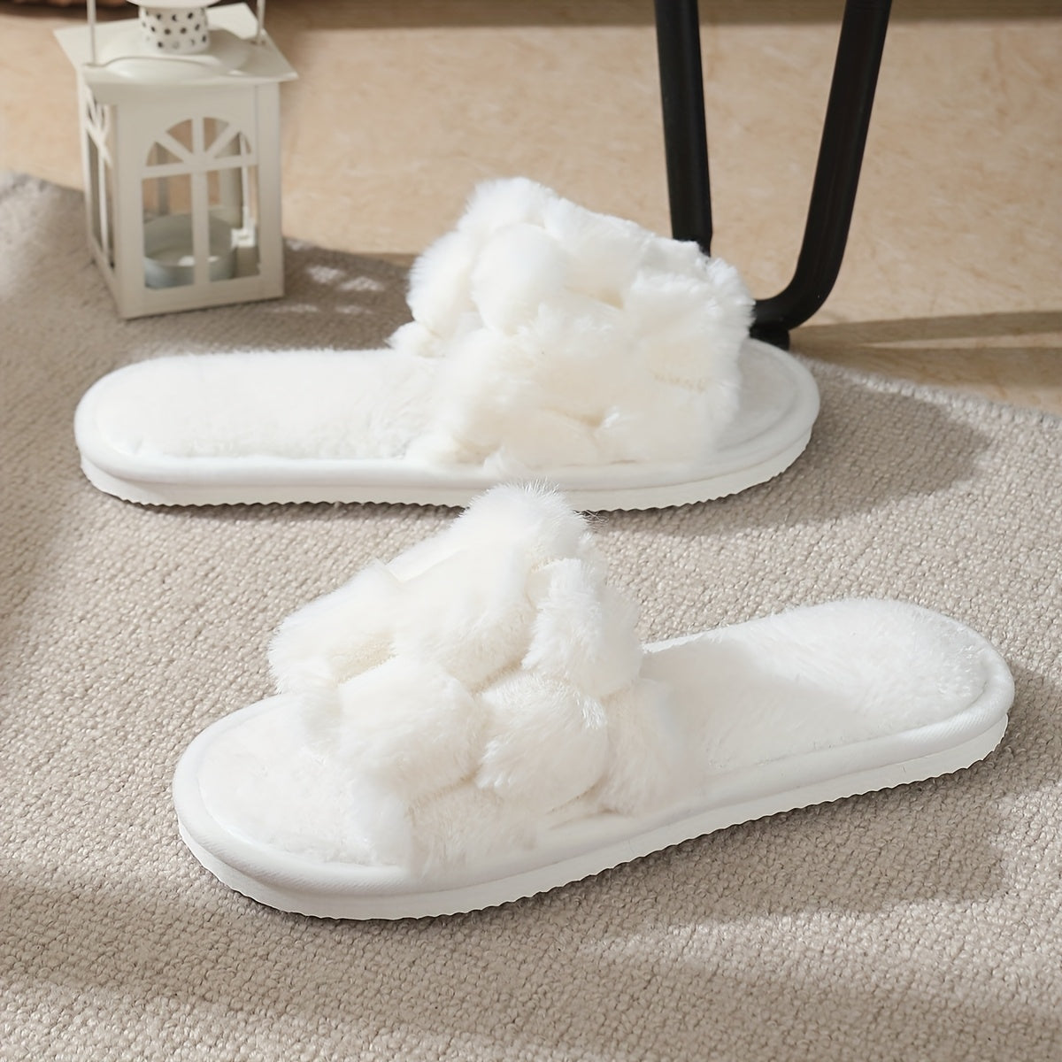 [Plush Slippers] Comfortable Plush Women's Slippers | Non-Slip, Breathable, Open-Toe Indoor Floor Slippers for Autumn And Winter, Suitable for All Seasons