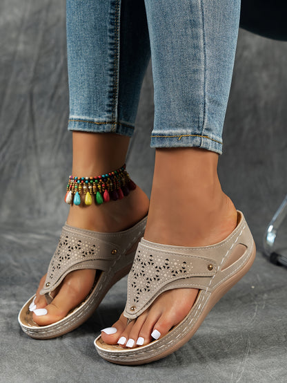 Stylish Cut-Out Thong Sandals - Soft Metallic Platform Wedge, Comfortable Beach Slides with Adjustable Straps, Vacation Essentials for Women