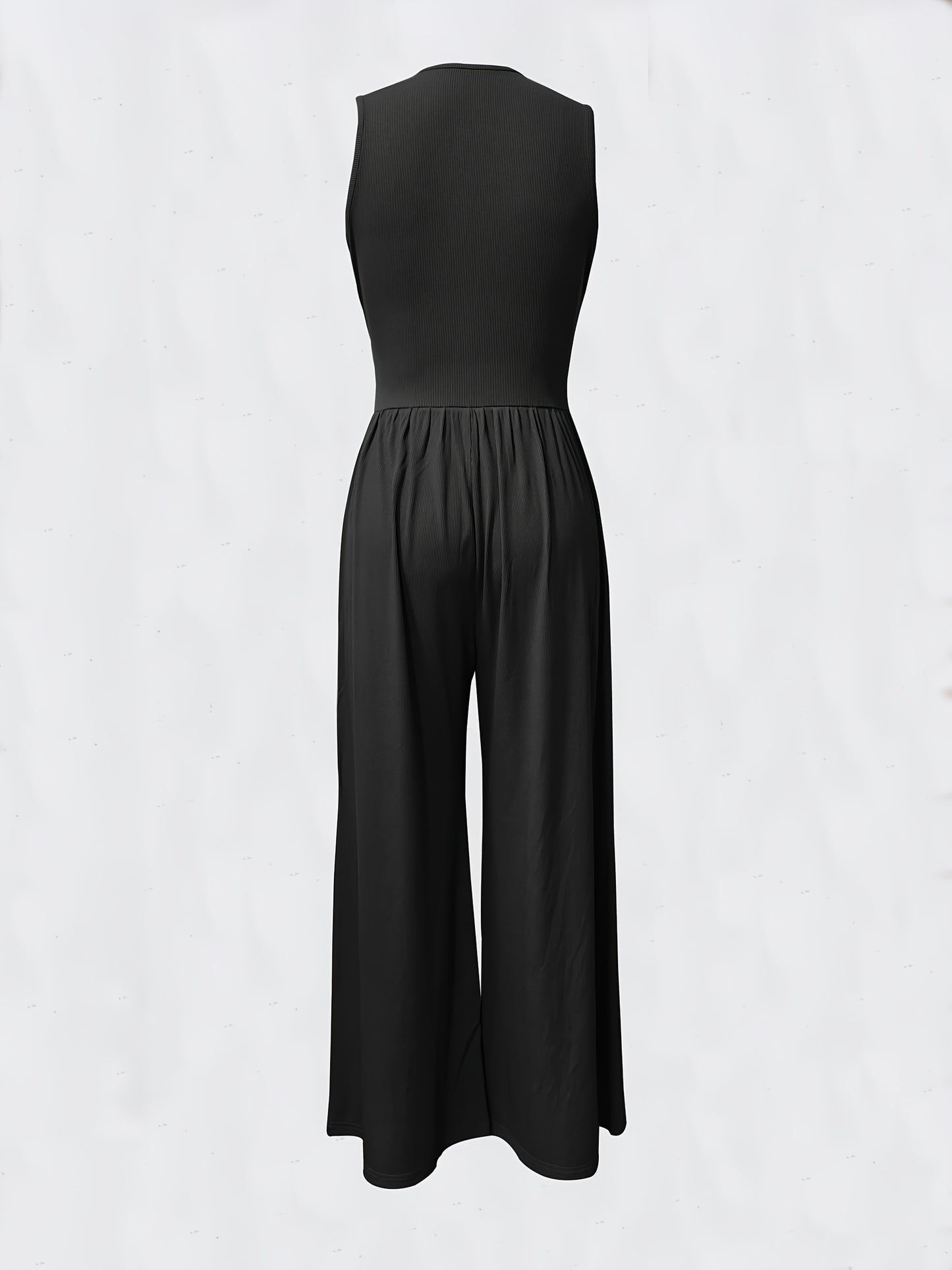 Women's Sleeveless Deep V-Neck Ruched Wide-Leg Jumpsuit - Olive Green Textured Stretch Fabric, Machine Washable Elegant Spring/Summer Casual & Formal Outfit, Ladies Rompers And Jumpsuits, Versatile Clothing, Flowing Silhouett