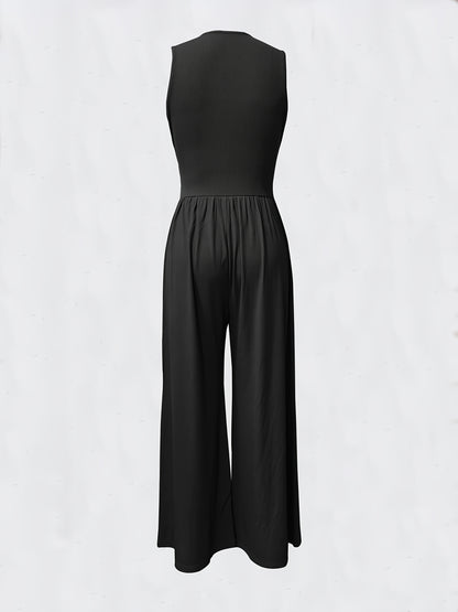 Women's Sleeveless Deep V-Neck Ruched Wide-Leg Jumpsuit - Olive Green Textured Stretch Fabric, Machine Washable Elegant Spring/Summer Casual & Formal Outfit, Ladies Rompers And Jumpsuits, Versatile Clothing, Flowing Silhouett