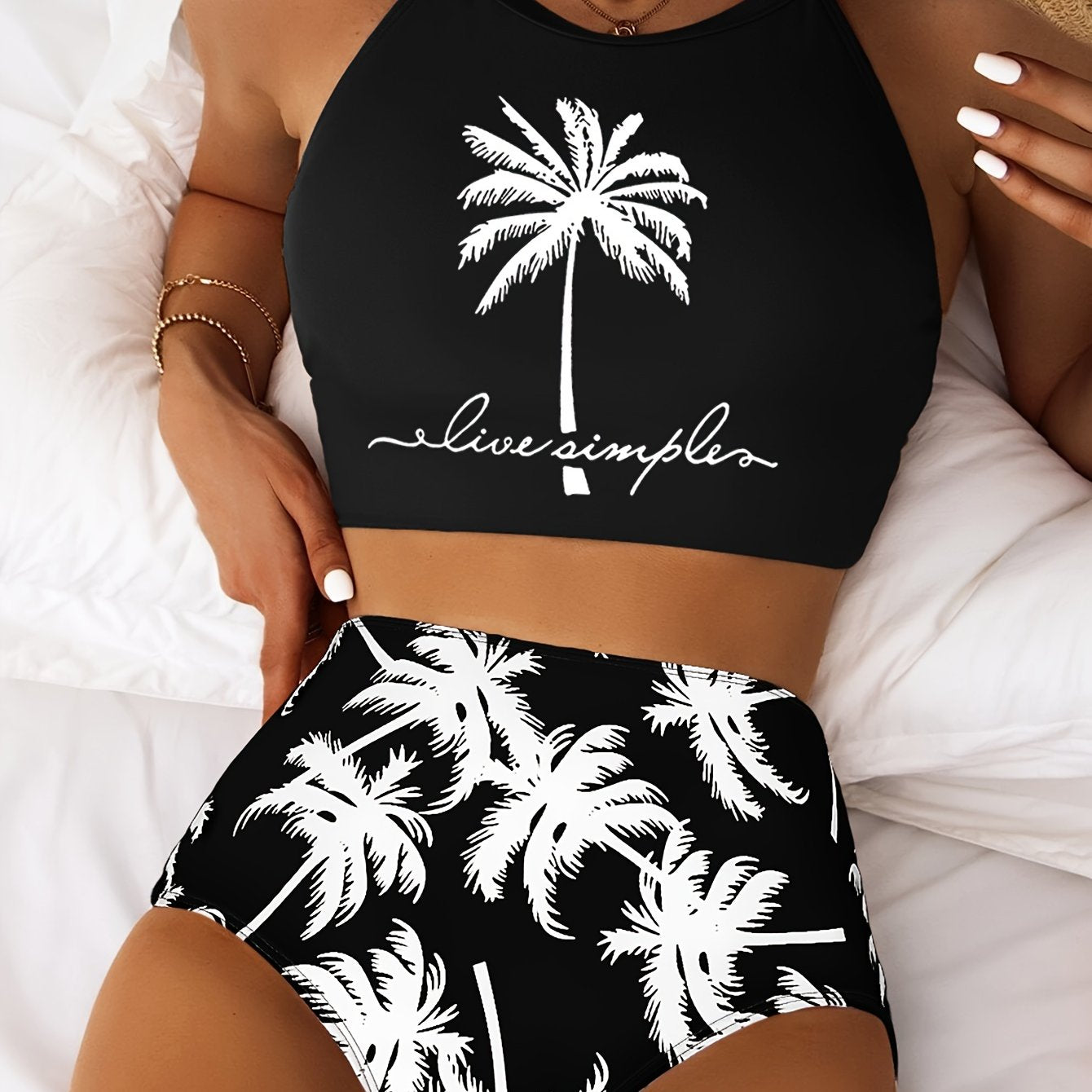 Chic Coconut Tree Print Bikini Set for Women - High Stretch, Comfort Fit Swimwear with High-Waist Bottoms