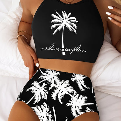 Chic Coconut Tree Print Bikini Set for Women - High Stretch, Comfort Fit Swimwear with High-Waist Bottoms