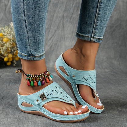 Stylish Cut-Out Thong Sandals - Soft Metallic Platform Wedge, Comfortable Beach Slides with Adjustable Straps, Vacation Essentials for Women