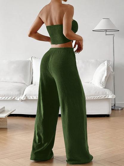 Women's Summer Fashion Outfit - Solid Color Crop Top and Pants, Side Drawstring, Comfortable for Casual Wear