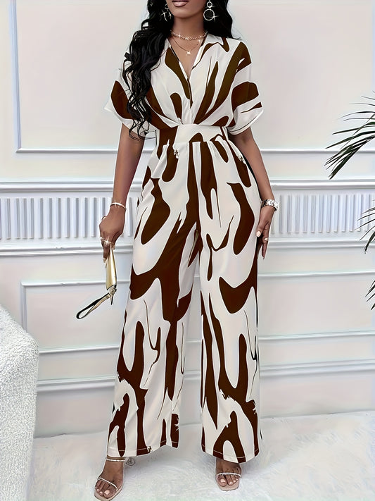 Chic V-Neck Jumpsuit - Allover Print, Short Sleeve, Wide-Leg Design for Sophisticated Casual Wear