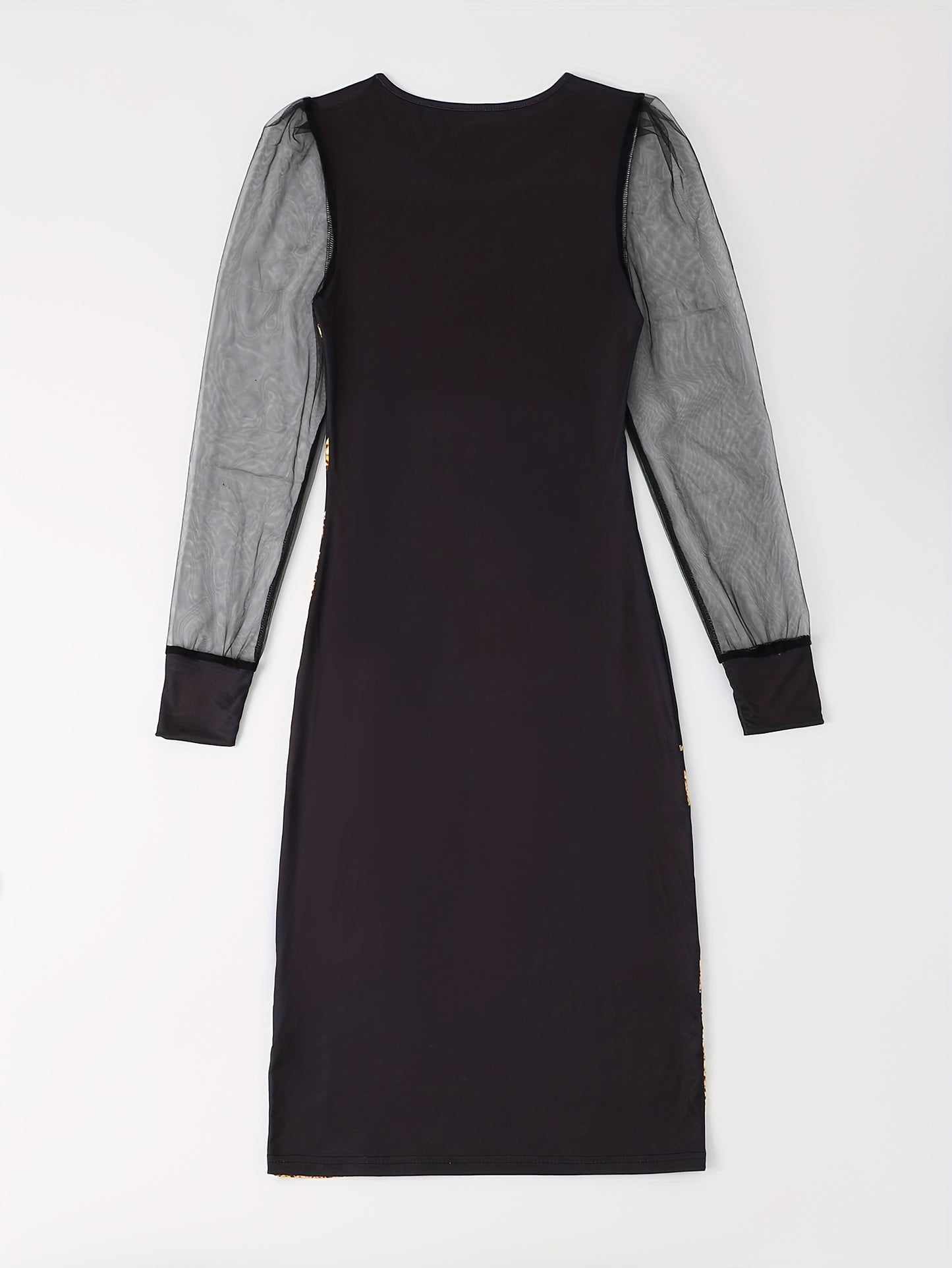 Butterfly Print Contrast Mesh Dress, Elegant Crew Neck Long Sleeve Dress, Women's Clothing