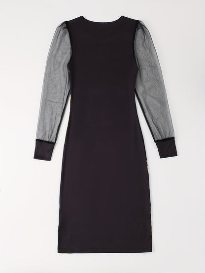 Butterfly Print Contrast Mesh Dress, Elegant Crew Neck Long Sleeve Dress, Women's Clothing