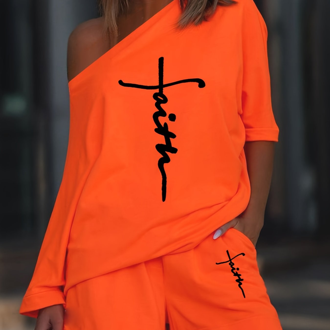 Chic Faith Printed Women's 2-Piece Set – Off-Shoulder Tee & Comfy Drawstring Shorts for Casual Wear