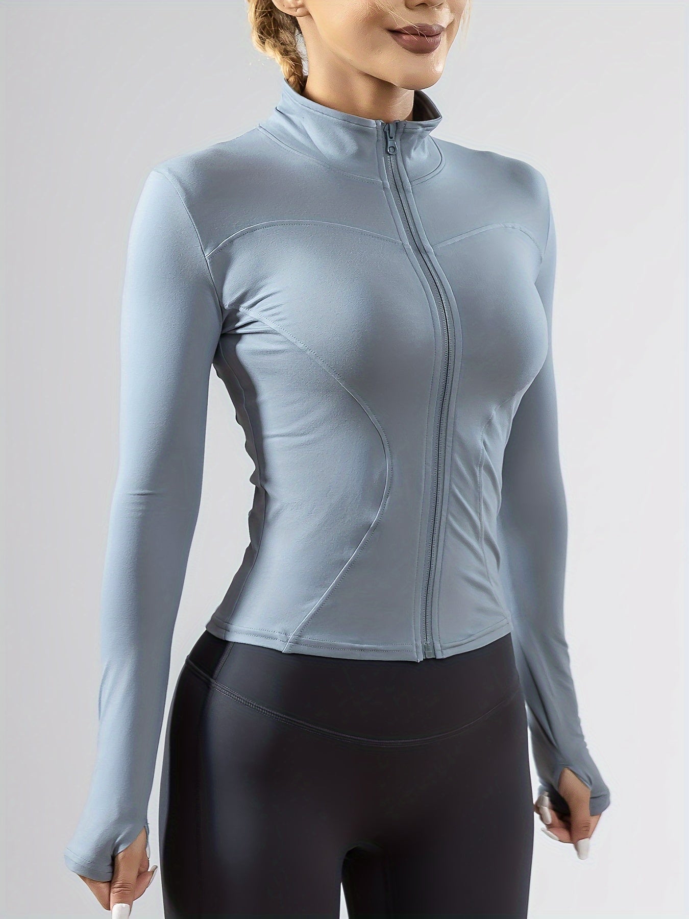 1pc Women'S Athletic Half-Zip Jacket, Long Sleeve Sports Coat, Solid Color Polyester Knit, Non-Waterproof, Regular Fit for Fitness Running Yoga - Gym Wear