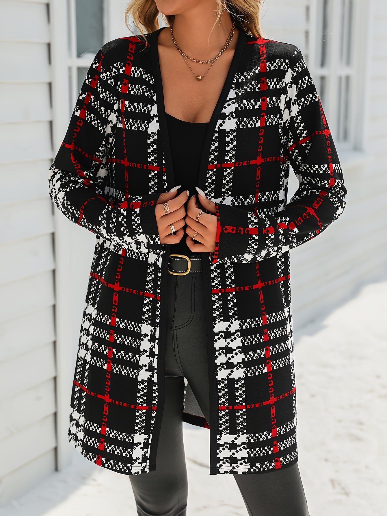 Elegant Women'S Gingham Print Color Block Knit Jacket - Collarless, Polyester Blend (95% Polyester, 5% Spandex), Casual Long Sleeve Coat for Spring/Fall