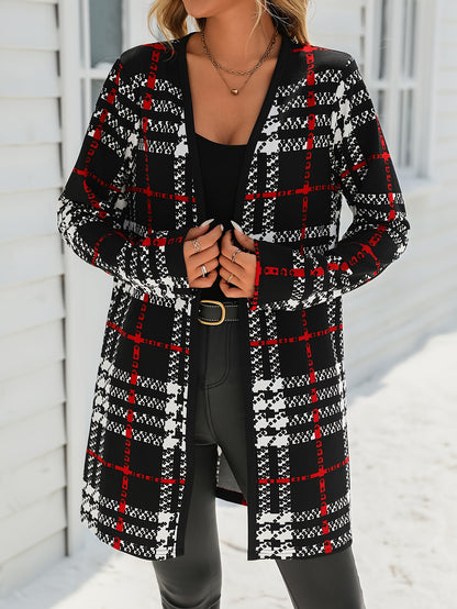 Elegant Women'S Gingham Print Color Block Knit Jacket - Collarless, Polyester Blend (95% Polyester, 5% Spandex), Casual Long Sleeve Coat for Spring/Fall