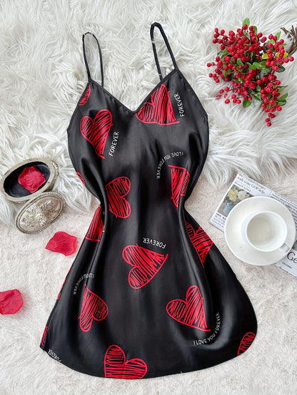 Valentine's Day Red Lip Print Satin Slip Nightdress, V Neck Backless Mini Sleep Dress, Women's Sleepwear & Dresses