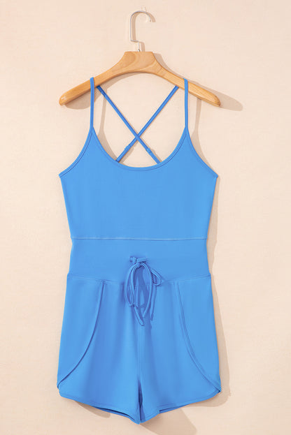 Blue Crossed Spaghetti Straps Drawstring Waist Sporty Romper