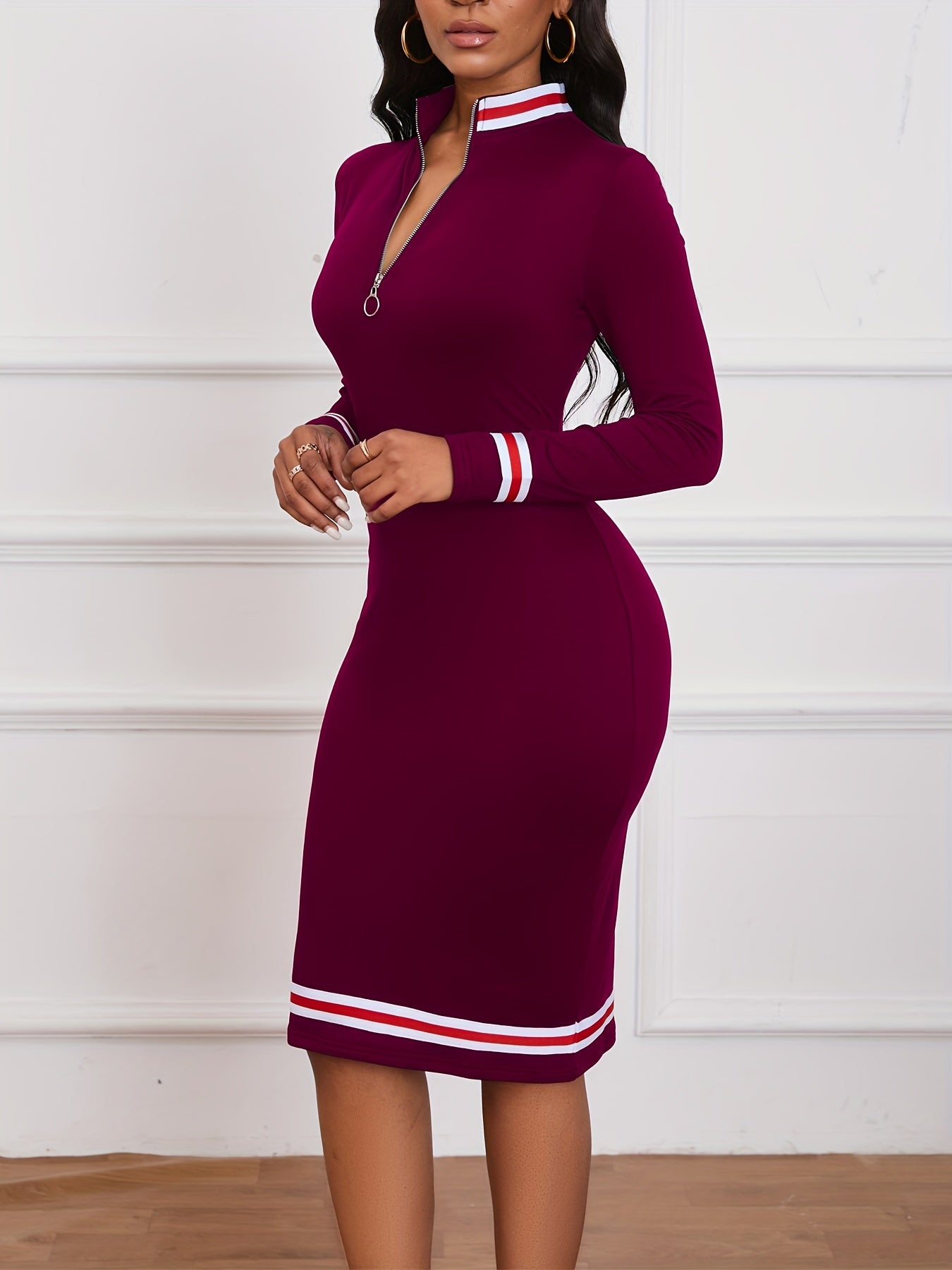 Zip Up Striped Print Dress, Casual Long Sleeve Bodycon Midi Dress, Women's Clothing