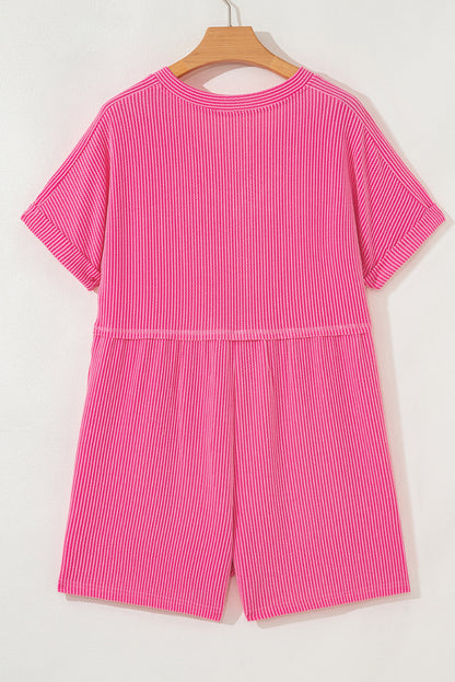 Bright Pink Spiral Ribbed Short Sleeve V Neck Buttoned Romper with Pocket