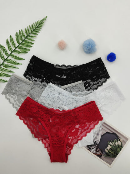 4 Pcs Women's Elegant Sheer Jacquard Lace Bikini Panties, Mid Stretch Low Waist Panties, Women's Lingerie & Underwear