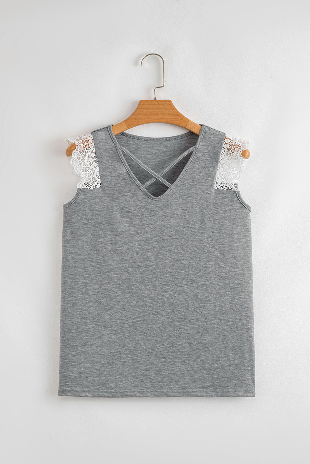 Gray Lace Patchwork Criss Cross V Neck Tank Top
