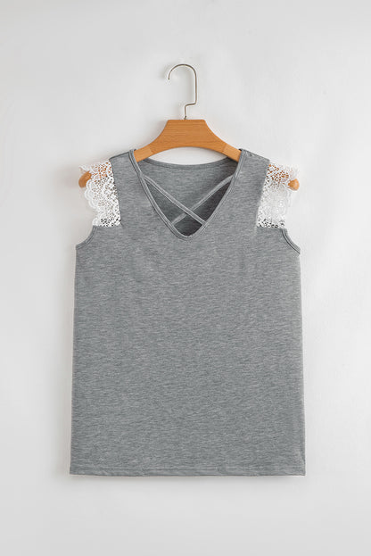 Gray Lace Patchwork Criss Cross V Neck Tank Top