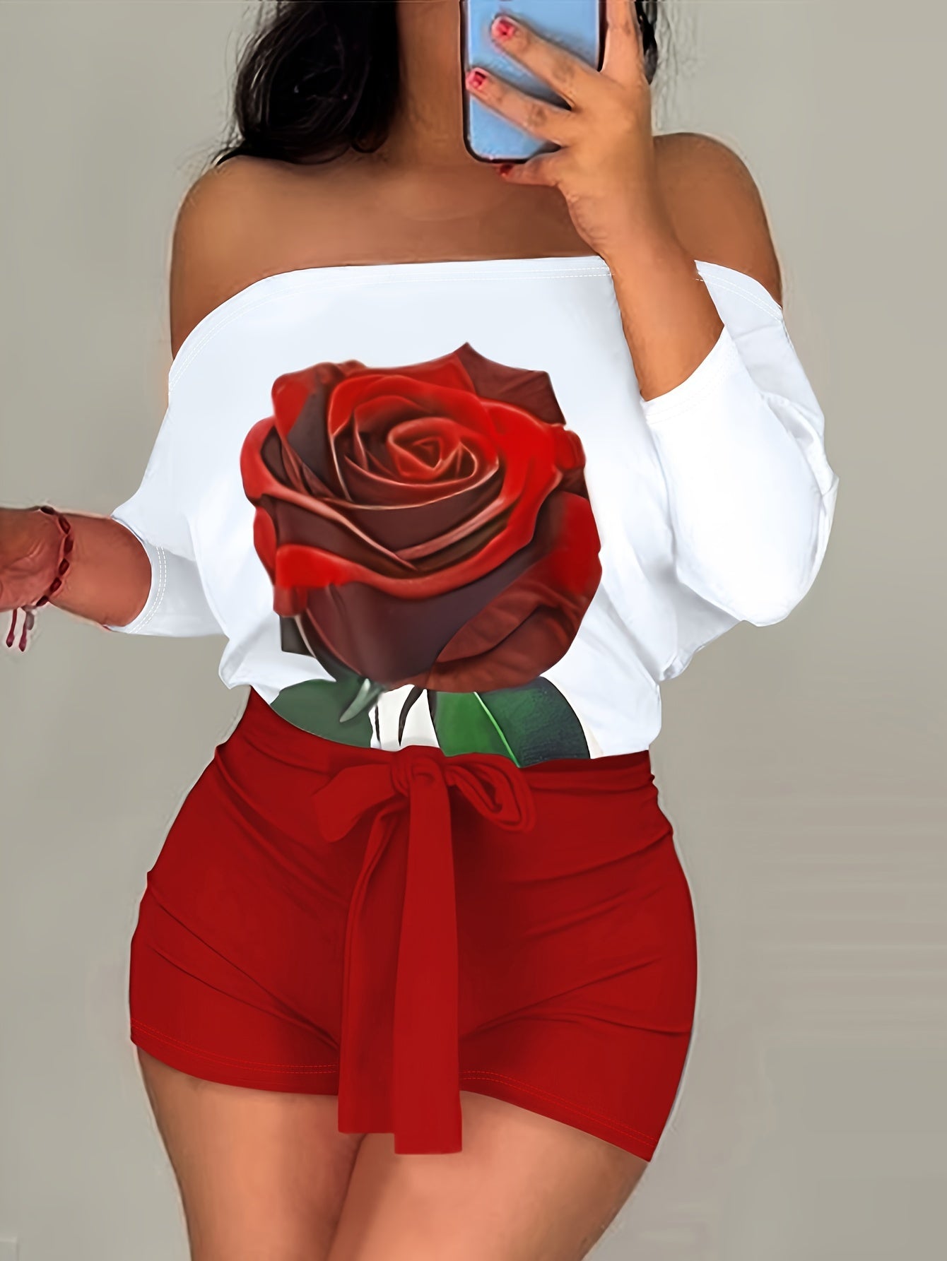 Women'S Off-Shoulder Rose Print Jumpsuit, Polyester Knit Fabric, 97% Polyester 3% Elastane, All-Season Short Romper with Tie Waist, Cartoon Pattern, 180g/m² - Adult Fashion