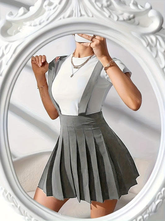 Overall Suspender Skirts, Casual Solid Pleated High Waist Skirts, Women's Clothing