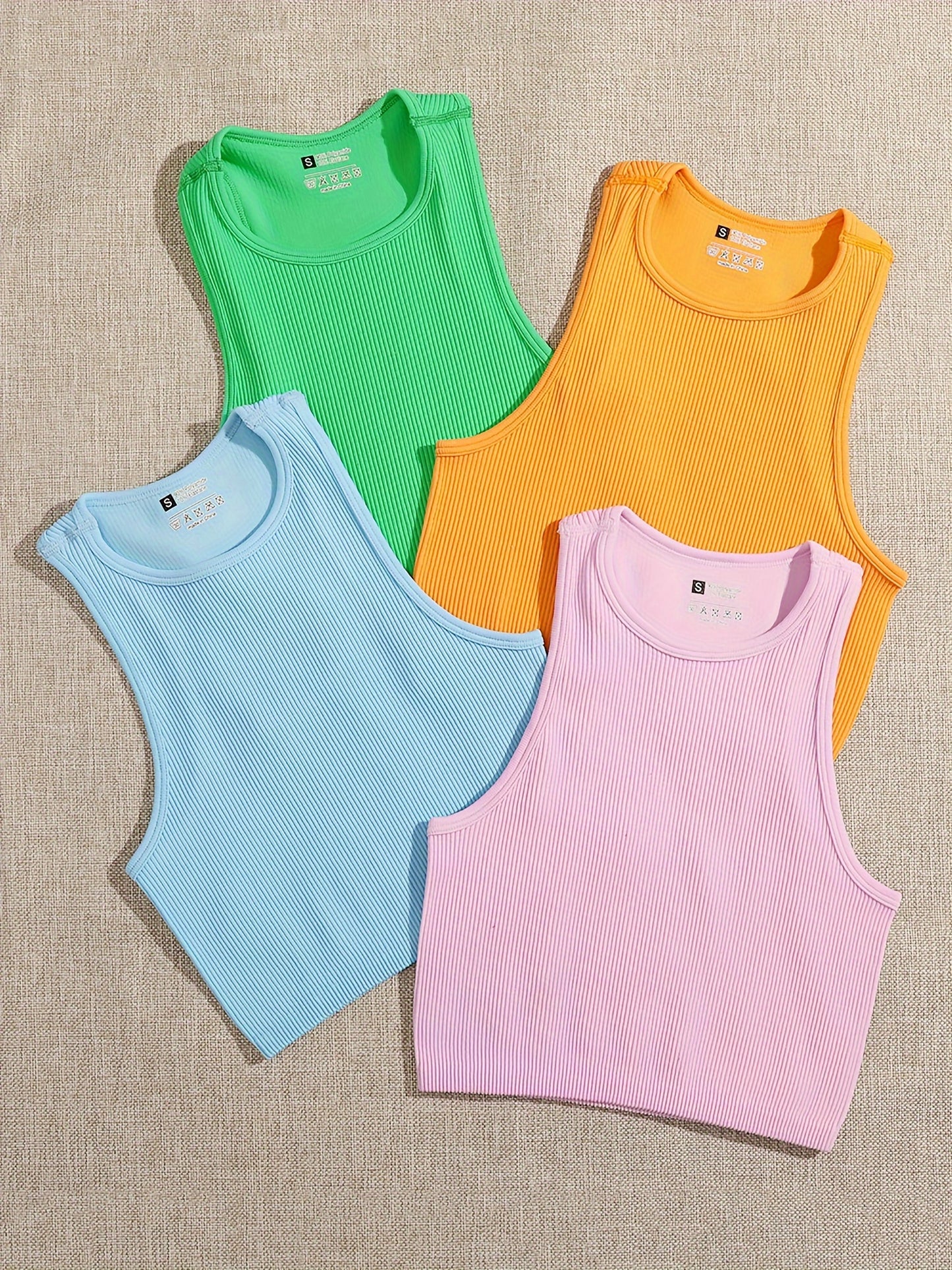 4 Pcs Vibrant Seamless Ribbed Crop Tops - Round Neck, Sleeveless, Breathable, Moisture-Wicking, Casual Sports Tank Tops for Women - Perfect for Yoga, Fitness, and Daily Wear