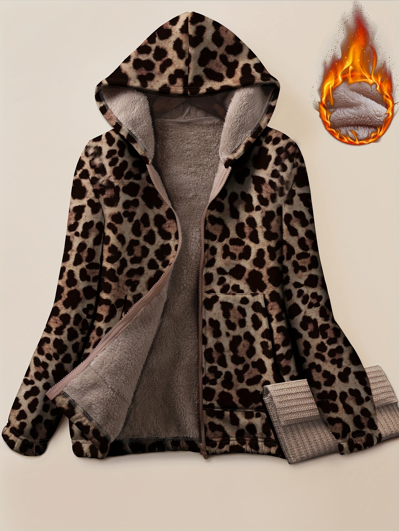1pc Women'S Plus Size Casual Leopard Print Hooded Parka, Polyester Knit Fabric with Medium Stretch, Zippered Warm Comfortable Thick Jacket for Fall/Winter