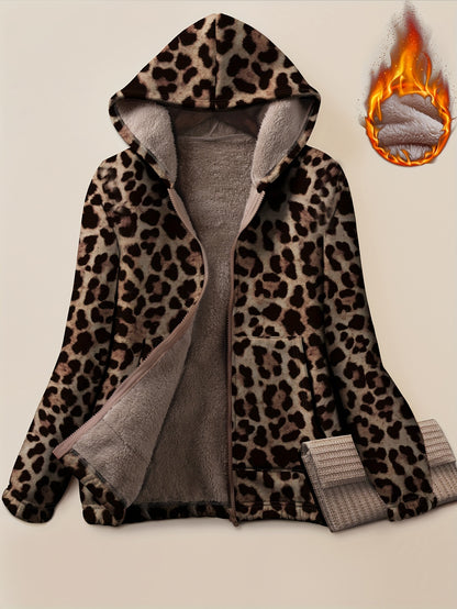1pc Women'S Plus Size Casual Leopard Print Hooded Parka, Polyester Knit Fabric with Medium Stretch, Zippered Warm Comfortable Thick Jacket for Fall/Winter