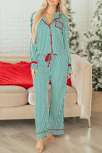 Green Stripe Contrast Velvet Trim Bow Knot Waist 2pcs Pajama Set