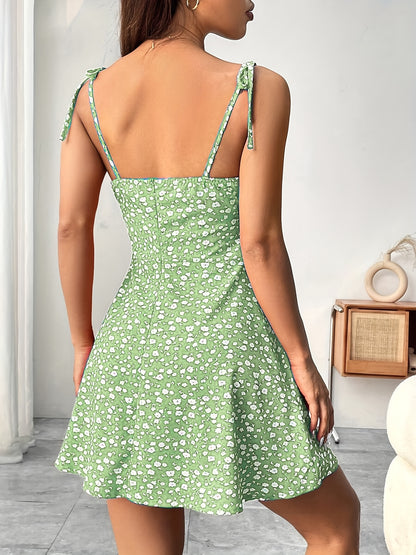 Elegant Floral Print Stretch Waist Cami Dress - Sleeveless Ruffled Hem Midi Dress for Women, Yellow & Pink Floral Pattern, Perfect for Casual Outings