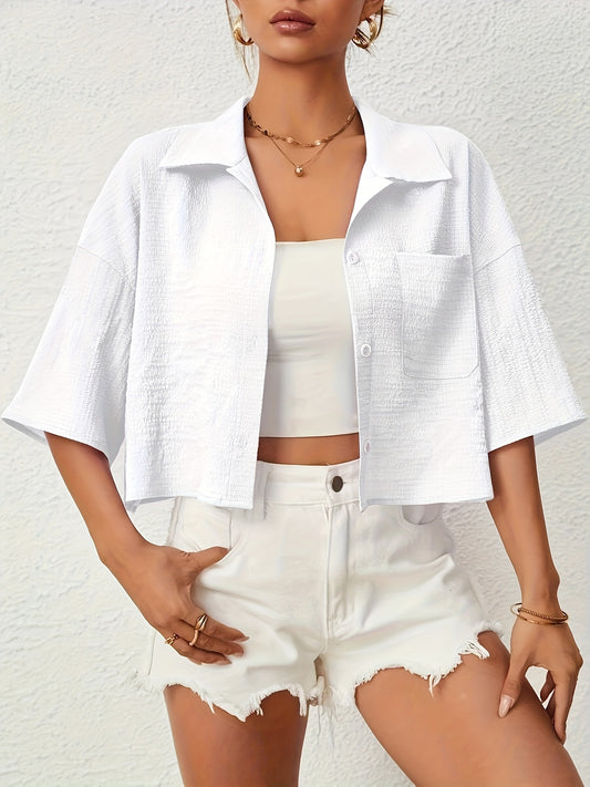 Button Front Crop Blouse, Casual Short Sleeve Blouse For Spring & Summer, Women's Clothing