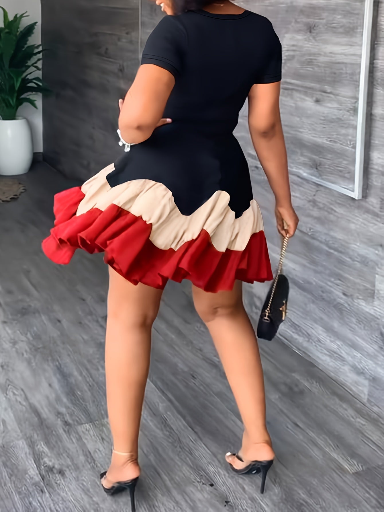 Women's Summer Color Block A-Line Dress - Black & Red Pleated Skirt, Breathable Short Sleeve, Machine Washable, Vacation & Casual Wear, Summer Fashion, Nontransparent Material