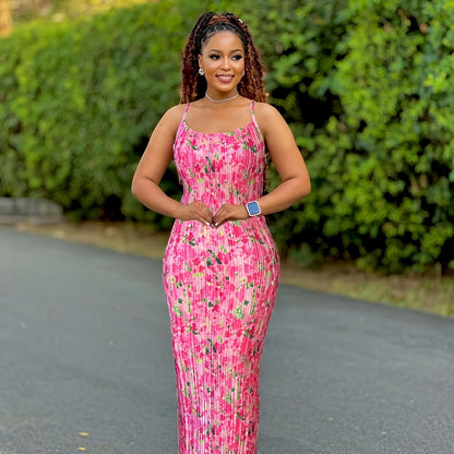 Tie Dye Print Pleated Dress, Summer Spaghetti Strap Bodycon Dress, Women's Clothing