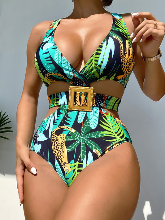 Tropical Jungle Print Cut Out Belt Decor One-piece Swimsuit, C Neck Stretchy High Cut Bathing Suits, Women's Swimwear & Clothing