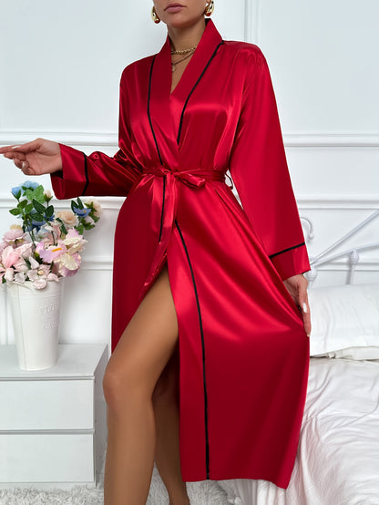 Women's Polyester Long Robe - Solid Color V-neck Sexy Dressing Gown, 100% Polyester Lightweight All-Season Woven Nightgown with Belt - Elegant Sleepwear