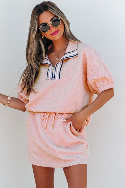 Light Pink Striped Collared Zip up Textured Skirt Set