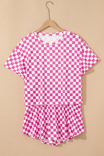 Pink Checkerboard T Shirt and High Waist Skorts 2 Piece Outfit