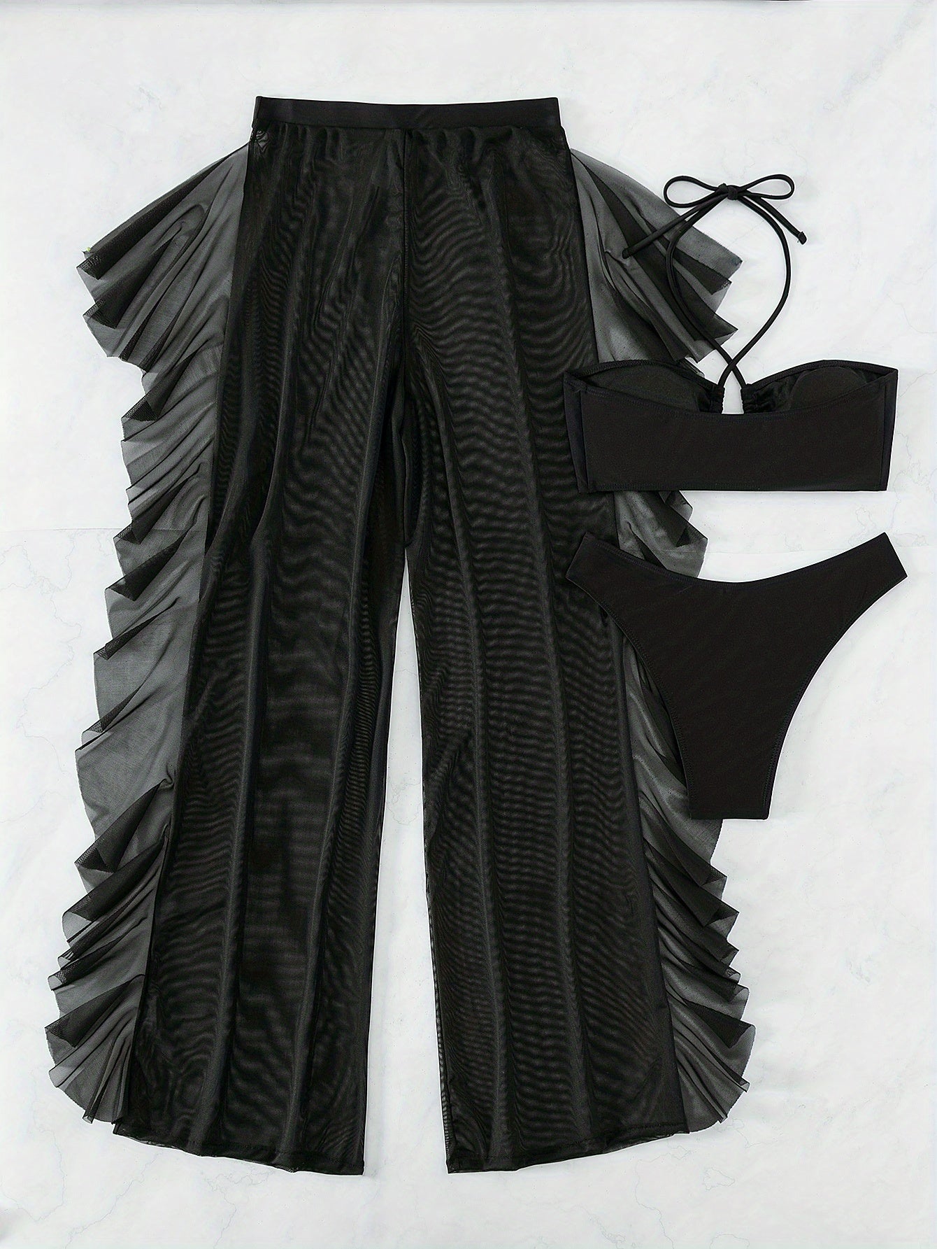 3-Piece Solid Color Halter Bikini Set - Flattering Low-Rise Bottom with Chic Ruffle Trim, Stylish Halter Neck Top & Sheer Beach Cover Up Pants - Elegant, Modern Womens Swimwear for Valentines Day