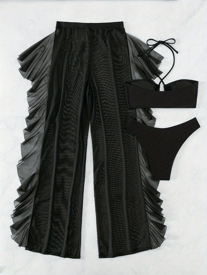 3-Piece Solid Color Halter Bikini Set - Flattering Low-Rise Bottom with Chic Ruffle Trim, Stylish Halter Neck Top & Sheer Beach Cover Up Pants - Elegant, Modern Womens Swimwear for Valentines Day